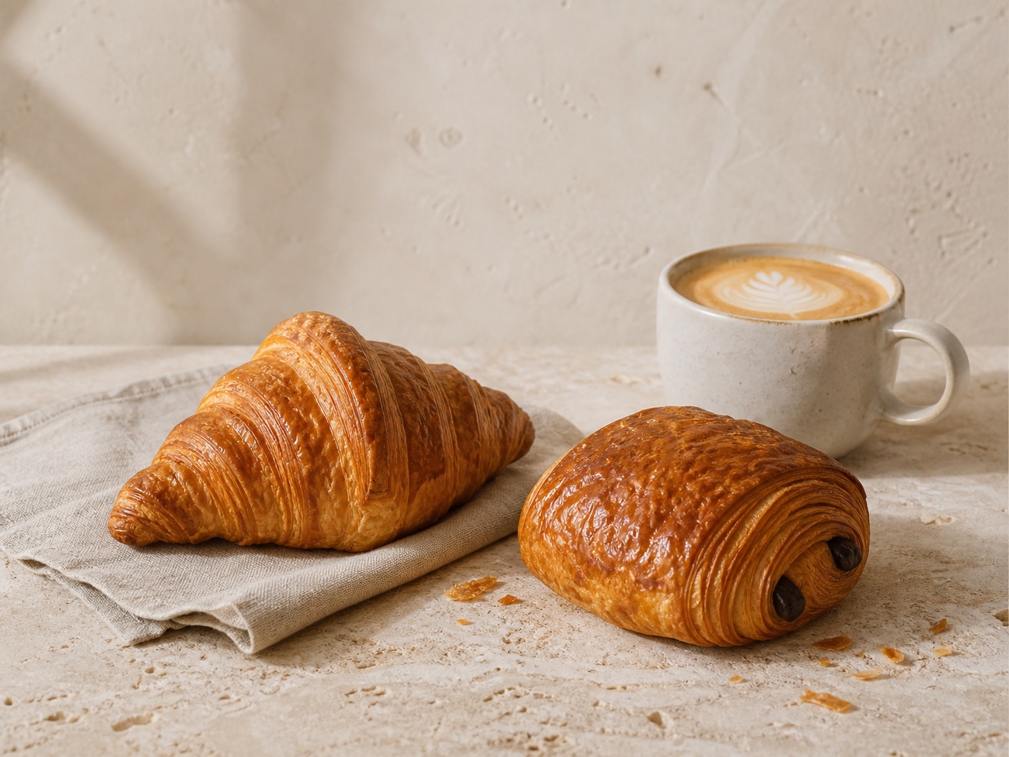 Fresh butter croissant, pain au chocolat, and café latte on a warm stone table